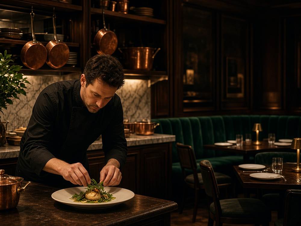 Chef plating a seasonal dish in the ChefoonRest kitchen