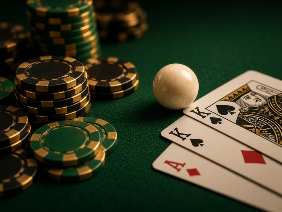 Playing cards, chips and a roulette ball on green felt