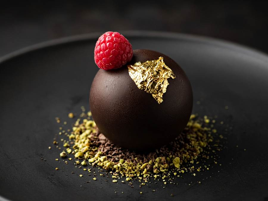 Dark chocolate sphere with raspberry and pistachio