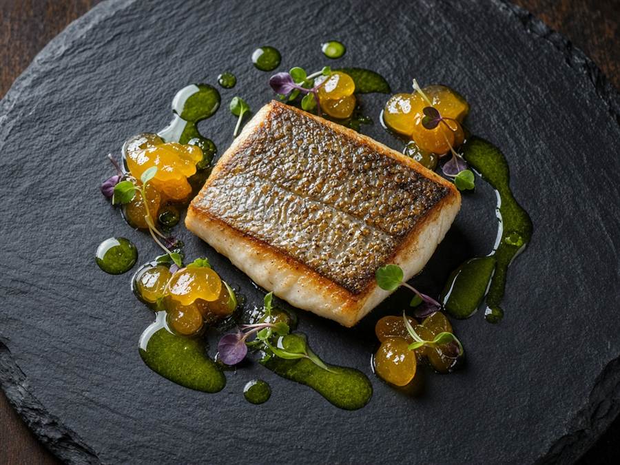 Charred sea bass with citrus gel and sea herbs